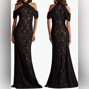 NEW Tadashi Shoji KATO Lace Inset Cold-Shoulder CDY24230L-BK/ND black Gown Sz 14
